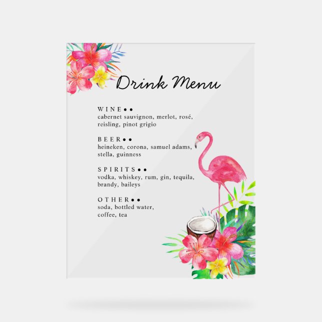 Floral Tropical Paradise Flamingo Drinks Menu Acrylschild (Vorderseite)
