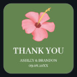 Floral Tropical Pink Flower Wedding Thank You Quadratischer Aufkleber<br><div class="desc">Bright and bold,  this pink tropical flower sticker with green background adds vibrant island style to any celebration. Featuring a lush floral design full of tropical charm,  it’s perfect for sealing wedding envelopes,  decorating favor bags,  or adding a colorful accent to party details.</div>
