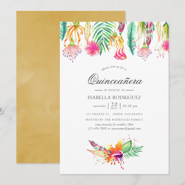 Floral Tropical Summer Beach Quinceñera Einladung (Vorne/Hinten)