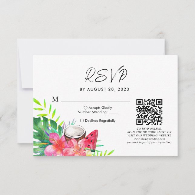 Floral Tropischer Hawaiischer QR-Code Hochzeit Rsv RSVP Karte (Vorderseite)