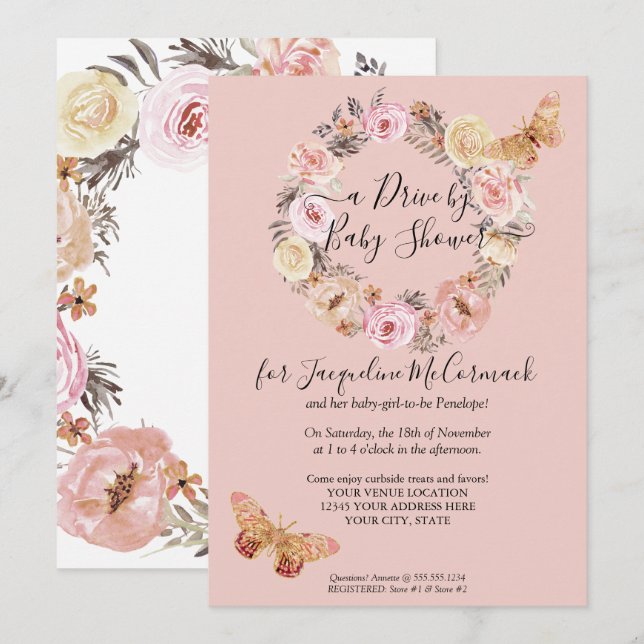 Floral trosty Pink Krautblütenantrieb mit Dusche Einladung (Vorne/Hinten)
