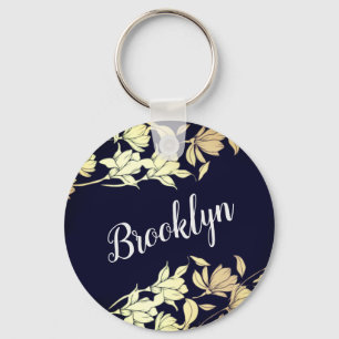 Floral Tulip Blume Elegante Gold Navy Blauer Name Schlüsselanhänger