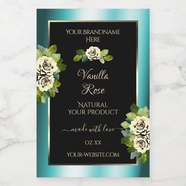 Floral Turquoise Black Gold Étiquettes Roses feuil (Étiquettes simples)