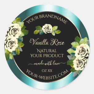 Floral Turquoise Black Gold Étiquettes Roses feuil