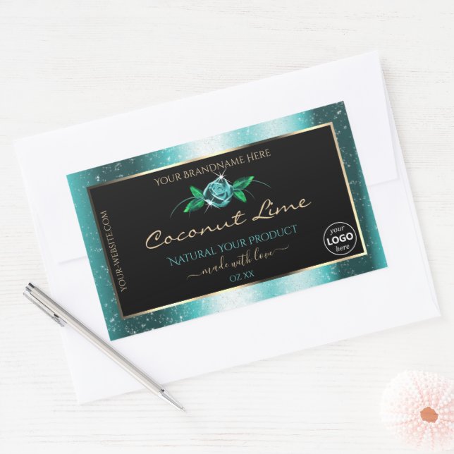 Floral Turquoise Noir Étiquettes de Parties scinti (Enveloppe)