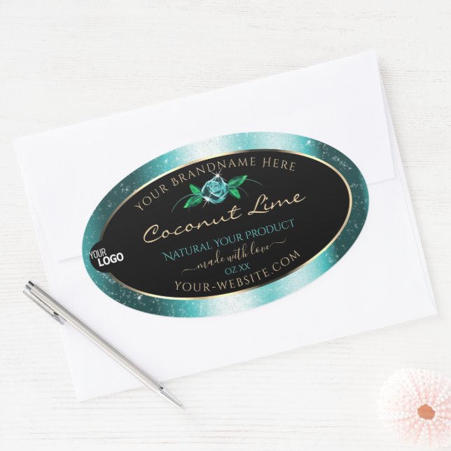 Floral Turquoise Noir Étiquettes de Parties scinti (Enveloppe)