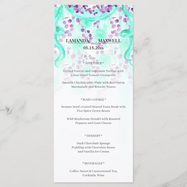 Floral Turquoise Ribbon Handfasting Menu Mariage (Devant)