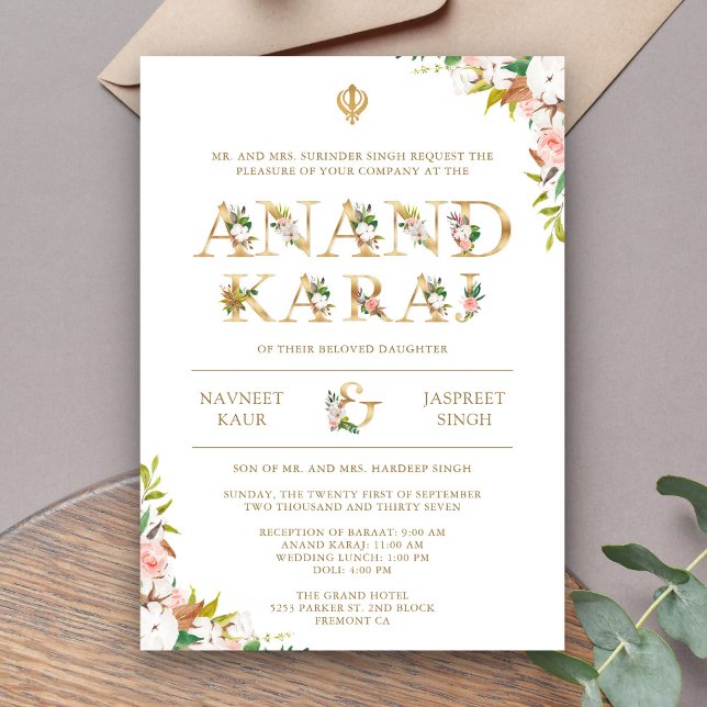 Floral Typografie White Anand Karaj Sikh Wedding Einladung (Von Creator hochgeladen)