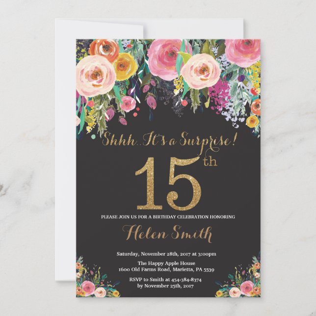 Floral Überraschung 15. Geburtstag Einladung Gold (Vorderseite)