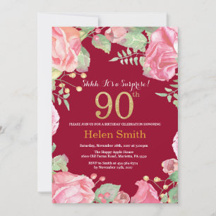 Floral Überraschung 90. Geburtstag Gold Burgundy R Einladung