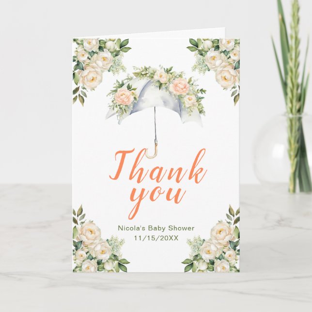 Floral Umbrella Baby Dusche Dankeskarte (Vorderseite)