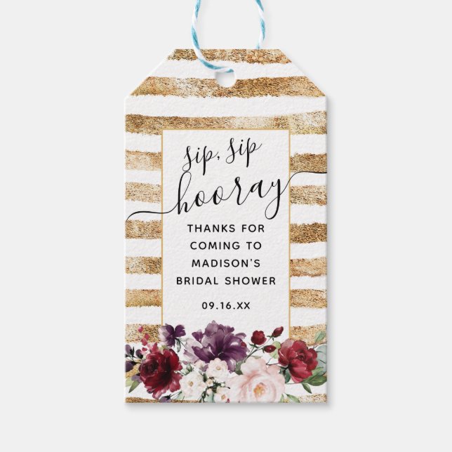 Floral und Gold Sip Hooray Gefallen Brautparty Geschenkanhänger (Vorderseite)