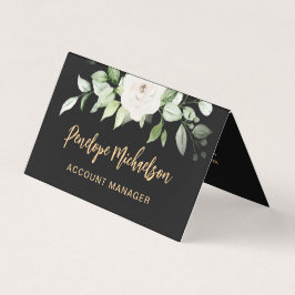 Floral und Greenery Gold Script mit QR Code Black Visitenkarten
