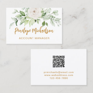 Floral und Greenery Gold Script mit QR Code White Visitenkarte