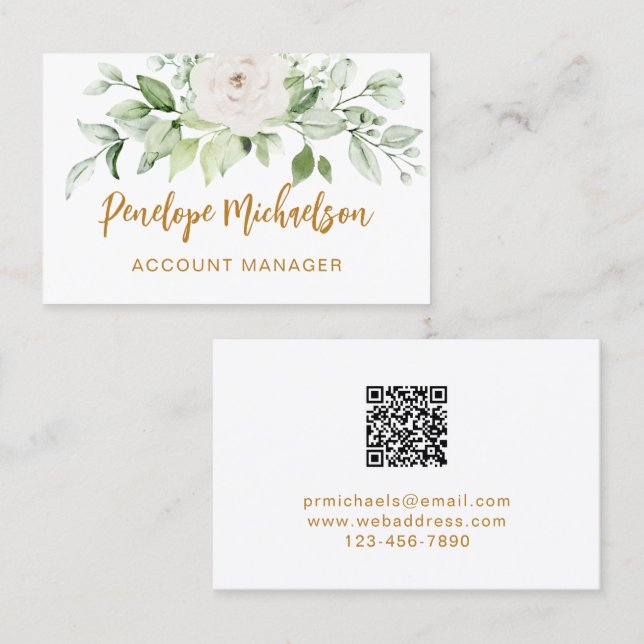 Floral und Greenery Gold Script mit QR Code White Visitenkarte (Vorne/Hinten)