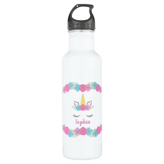 Floral Unicorn Face Personalisiert Girl Edelstahlflasche (Vorderseite)
