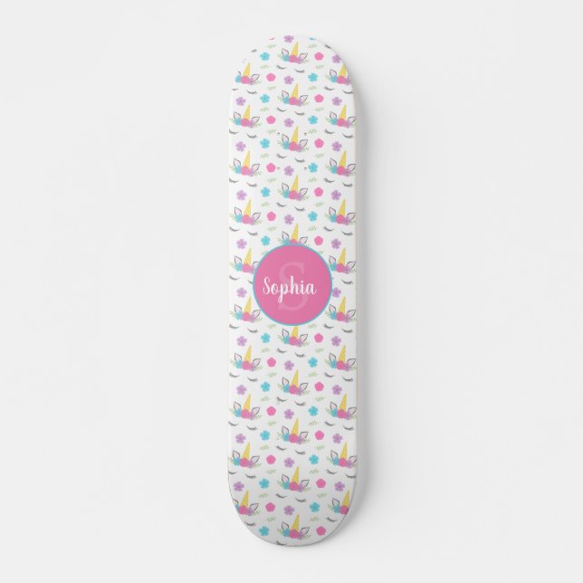 Floral Unicorn Face Personalized Monogram Skateboard (Vorne)