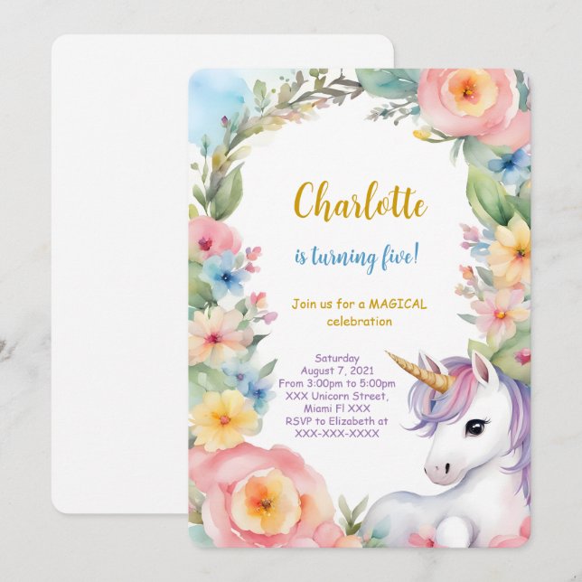 Floral Unicorn Geburtstag Einladung (Vorne/Hinten)