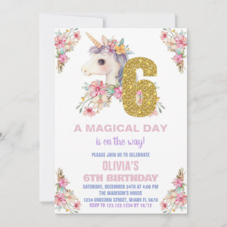 Floral Unicorn Geburtstag Einladungen Glitzer