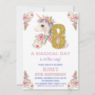 Floral Unicorn Geburtstag Einladungen Glitzer
