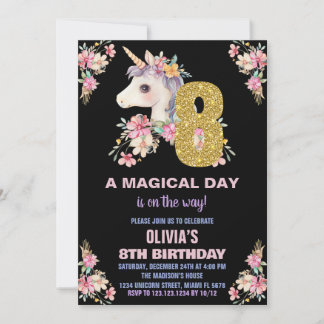 Floral Unicorn Geburtstag Einladungen Glitzer