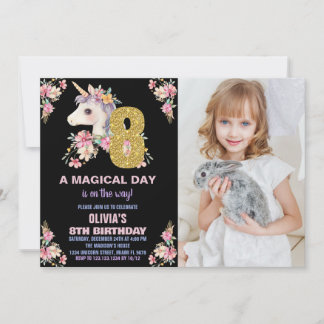 Floral Unicorn Geburtstag Einladungen Glitzer Foto