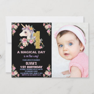 Floral Unicorn Geburtstag Einladungen Glitzer Foto
