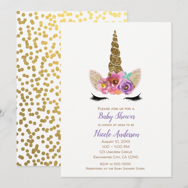 Floral Unicorn Horn Gold Confetti Babydusche Einladung (Vorne/Hinten)