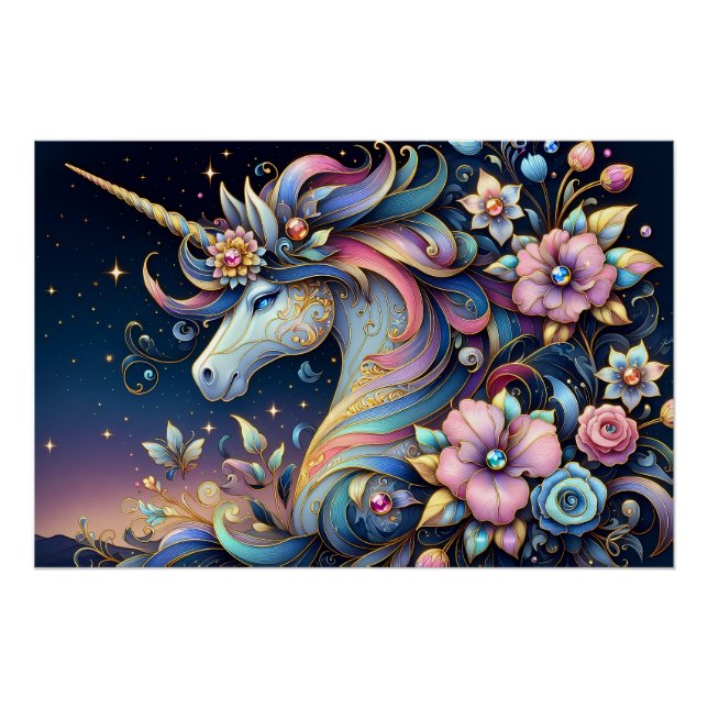 Floral Unicorn Night Fantasy Poster (Vorderseite)