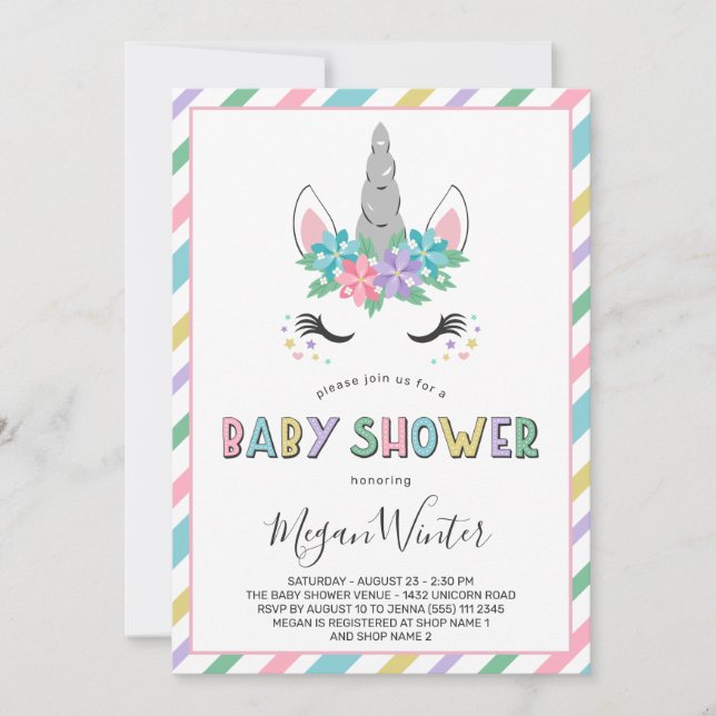 Floral Unicorn Pastel Baby Dusche Einladung (Vorderseite)