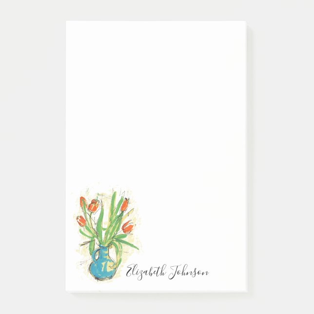 Floral Vase Tulips Script Monogram 4x6 Post-it Klebezettel (Vorderseite)