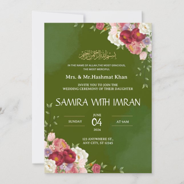 Floral Vert Faire-part de mariage musulman (Devant)