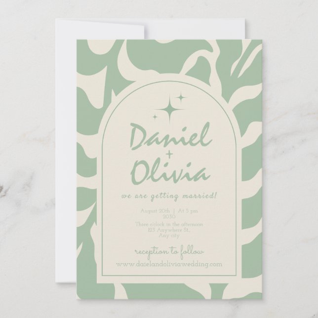 Floral vert Vintage avec Faire-part de mariage QR (Devant)
