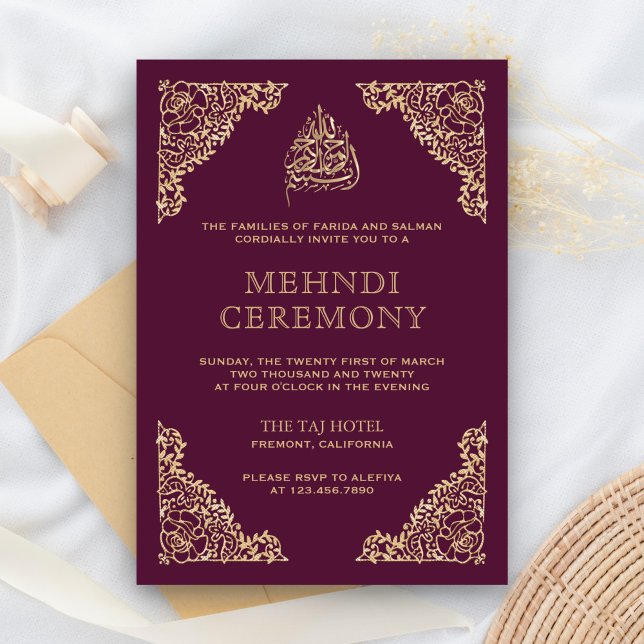 Floral Verziert Plum und Gold Islamischer Mehndi Begleitkarte (Von Creator hochgeladen)