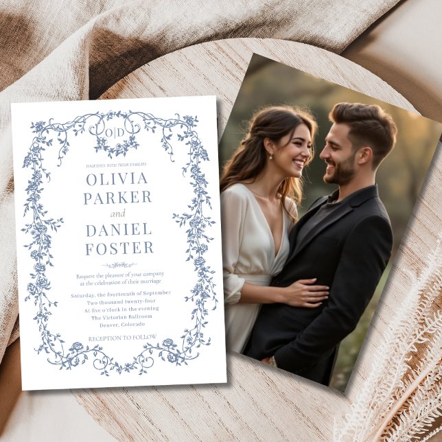 Floral Victorian French Dusty Blue Photo Wedding  Einladung (Von Creator hochgeladen)