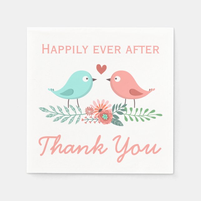 Floral Vielen Dank Lovebirds Blue and Pink Wedding Serviette (Vorderseite)
