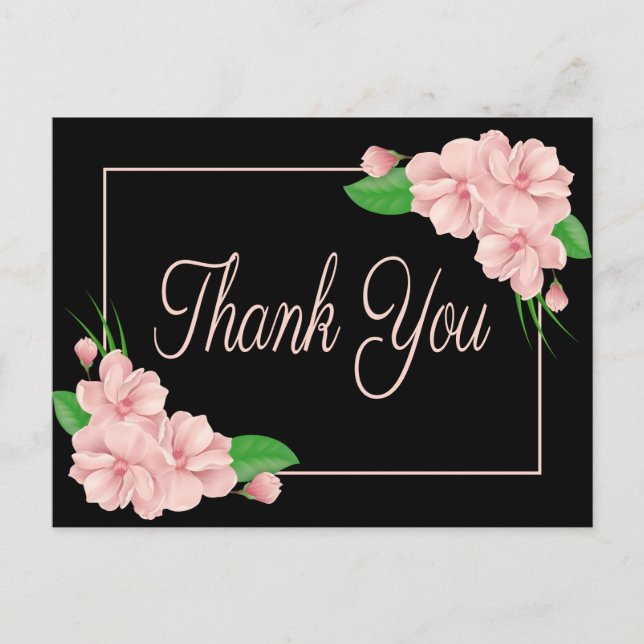 Floral Vielen Dank Pink Blume Black Wedding Party Postkarte (Vorderseite)