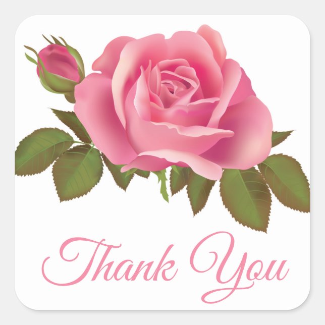 Floral Vielen Dank Pink Rose Blume Rose Quadratischer Aufkleber (Vorderseite)