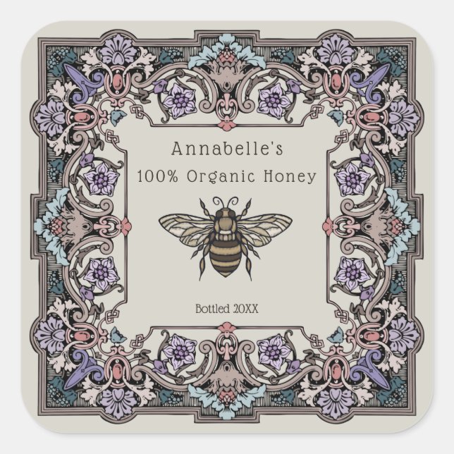 Floral Viktorianisches Honiglabel personalisieren Quadratischer Aufkleber (Vorderseite)