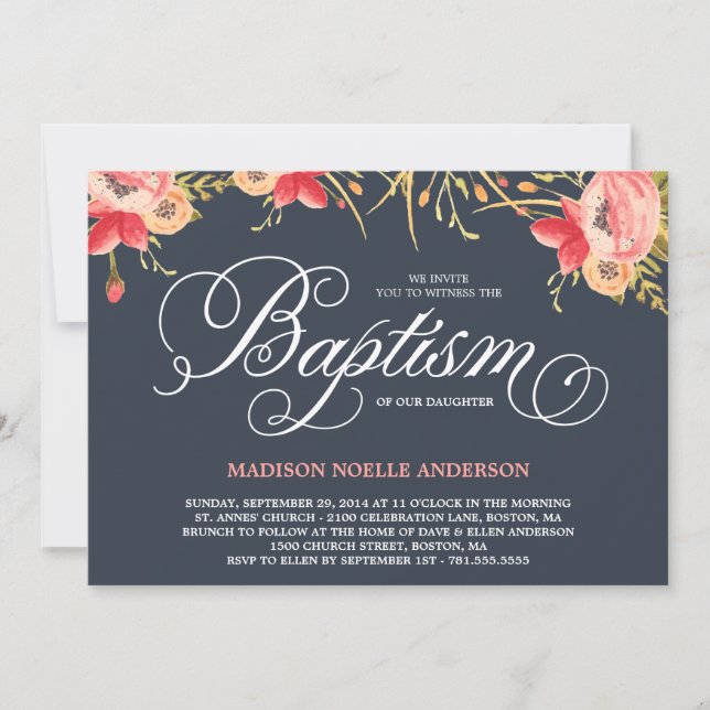 Floral Vintage| Invitation au baptême (Devant)