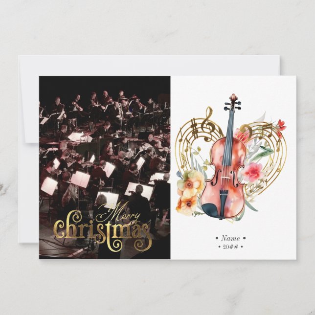 Floral Violons Musique Noël Photo Carte de vacance (Devant)