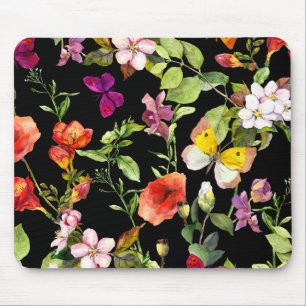 Floral w Schmetterlinge auf Schwarz, Mauspad