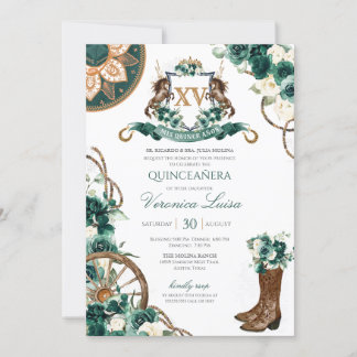 Floral Wappen Charro Emerald Green Quinceanera Einladung