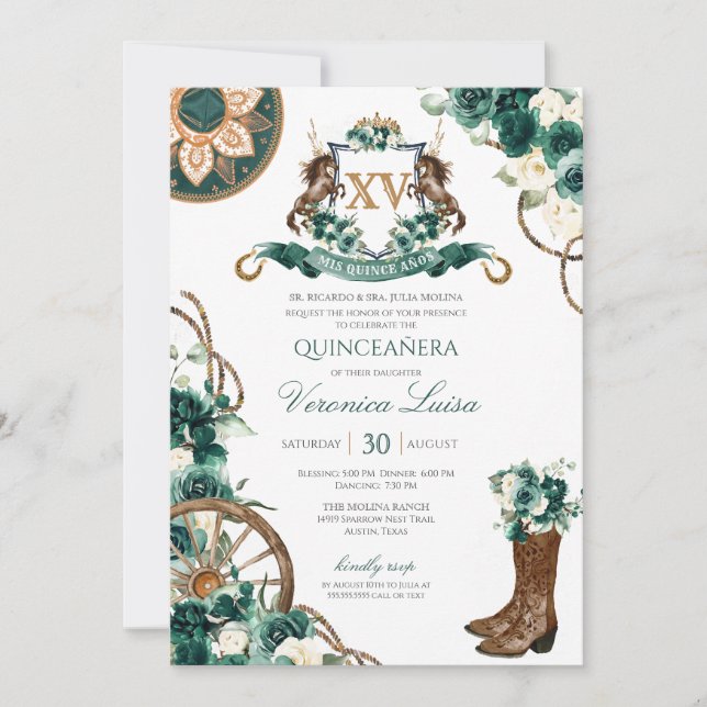 Floral Wappen Charro Emerald Green Quinceanera Einladung (Vorderseite)