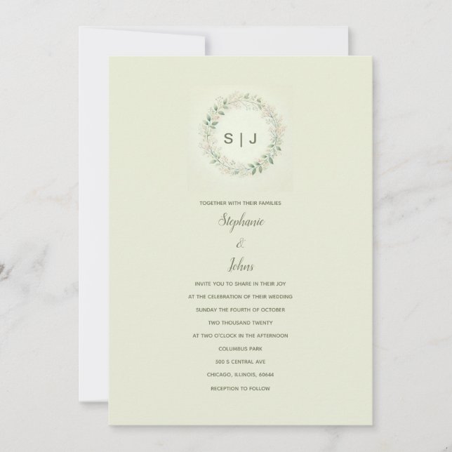 Floral Wappen Monogram Beige Sage Green Wedding Einladung (Vorderseite)