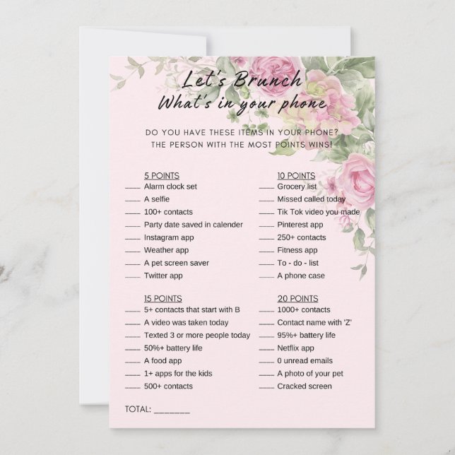 Floral Was ist in deinem Handy Brunch Party Game? Einladung (Vorderseite)