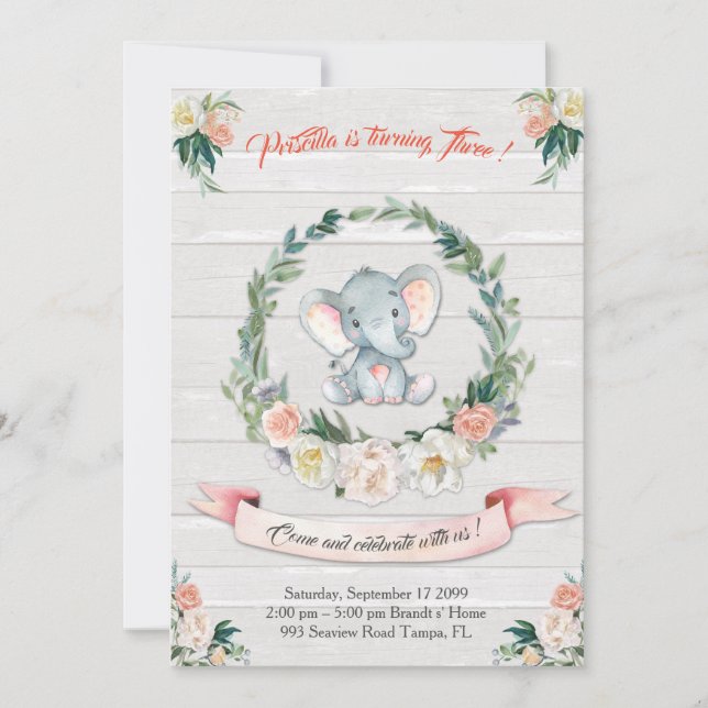 Floral wasserfarbe Elefant Invitation, Baby 3. Einladung (Vorderseite)