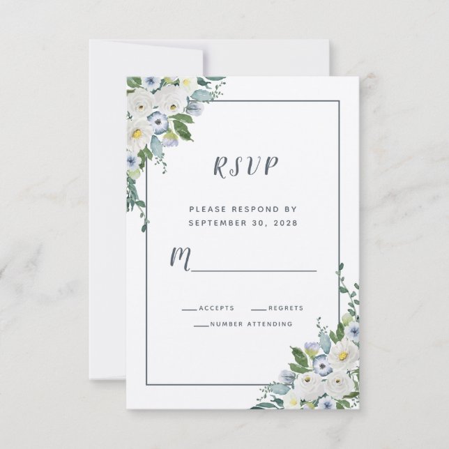 Floral Wasserfarbe Elegante Hochzeit Weiß Grau RSVP Karte (Vorderseite)