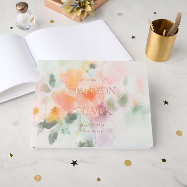 Floral Wasserfarbe Elegante Romantische Hochzeit Gästebuch (Vorderseite offen)