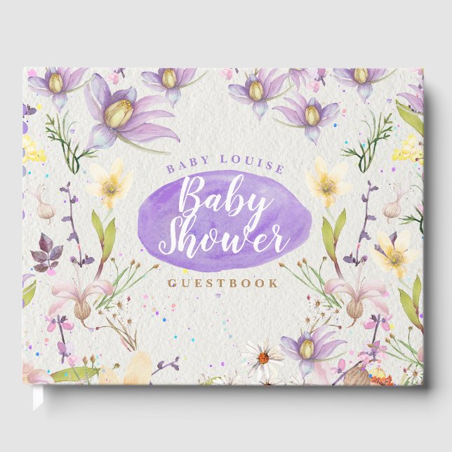 Floral Wasserfarbe Lila Personalisierte Babydusche Gästebuch (Vorderseite)